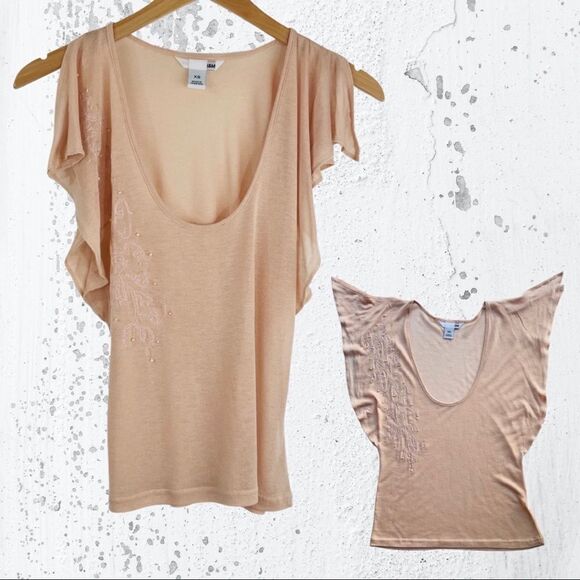 H&M Tops - H&M Blush Deep Scoop Neck Top with Pearl Beaded Embroidered Design